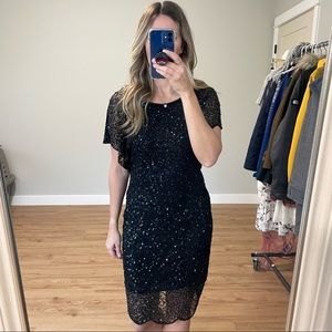 Adrianna Papell Black Beaded Flutter Sleeve Doleman Dress (2)